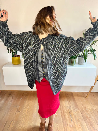 1970's vintage grey and black chevron cardigan with rainbow specks