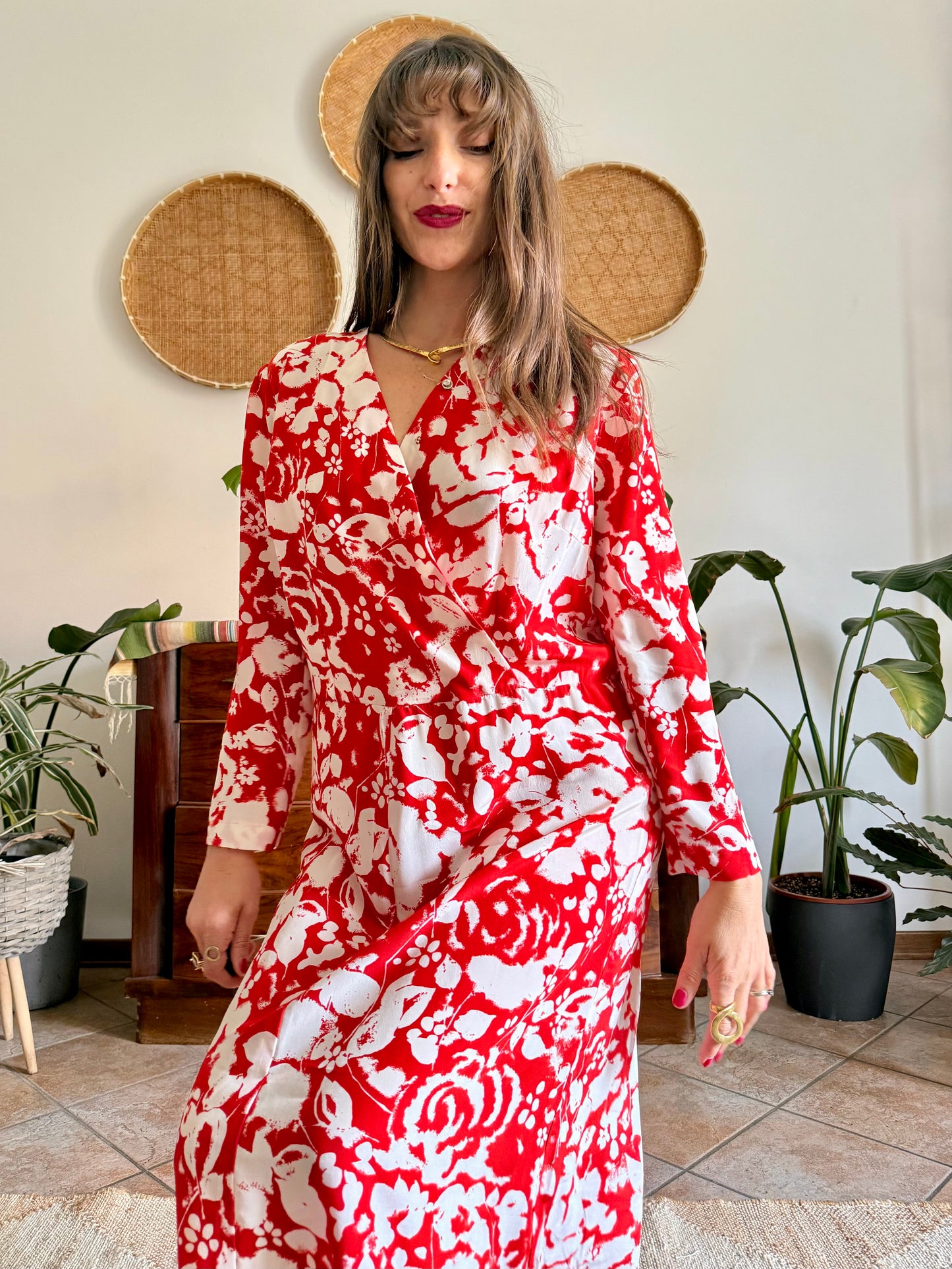 1960's vintage red and cream floral print silk midi dress
