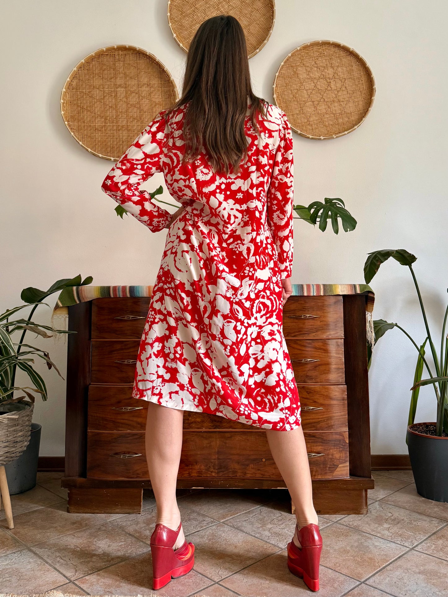1960's vintage red and cream floral print silk midi dress