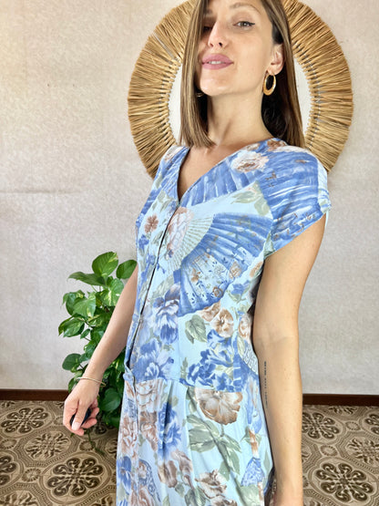 1970's vintage drop waist blue and tan fan and floral print dress