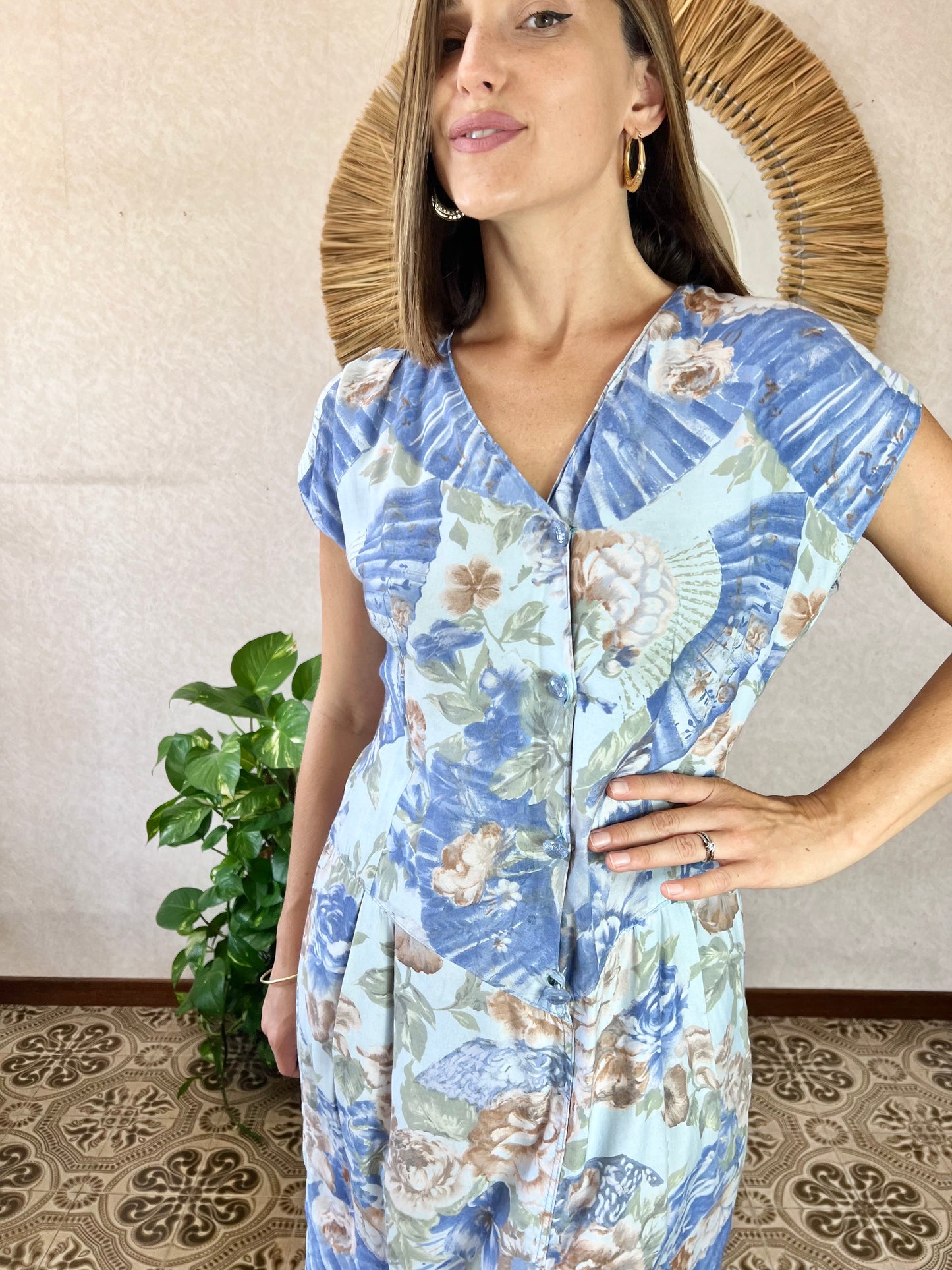 1970's vintage drop waist blue and tan fan and floral print dress