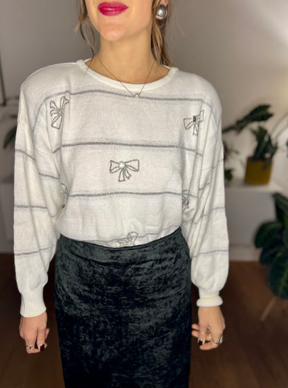 1980's vintage cream al silver knit pullover with rhinestone bow details