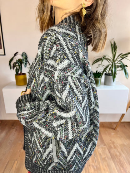 1970's vintage grey and black chevron cardigan with rainbow specks