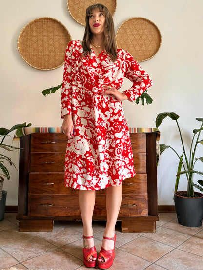 1960's vintage red and cream floral print silk midi dress