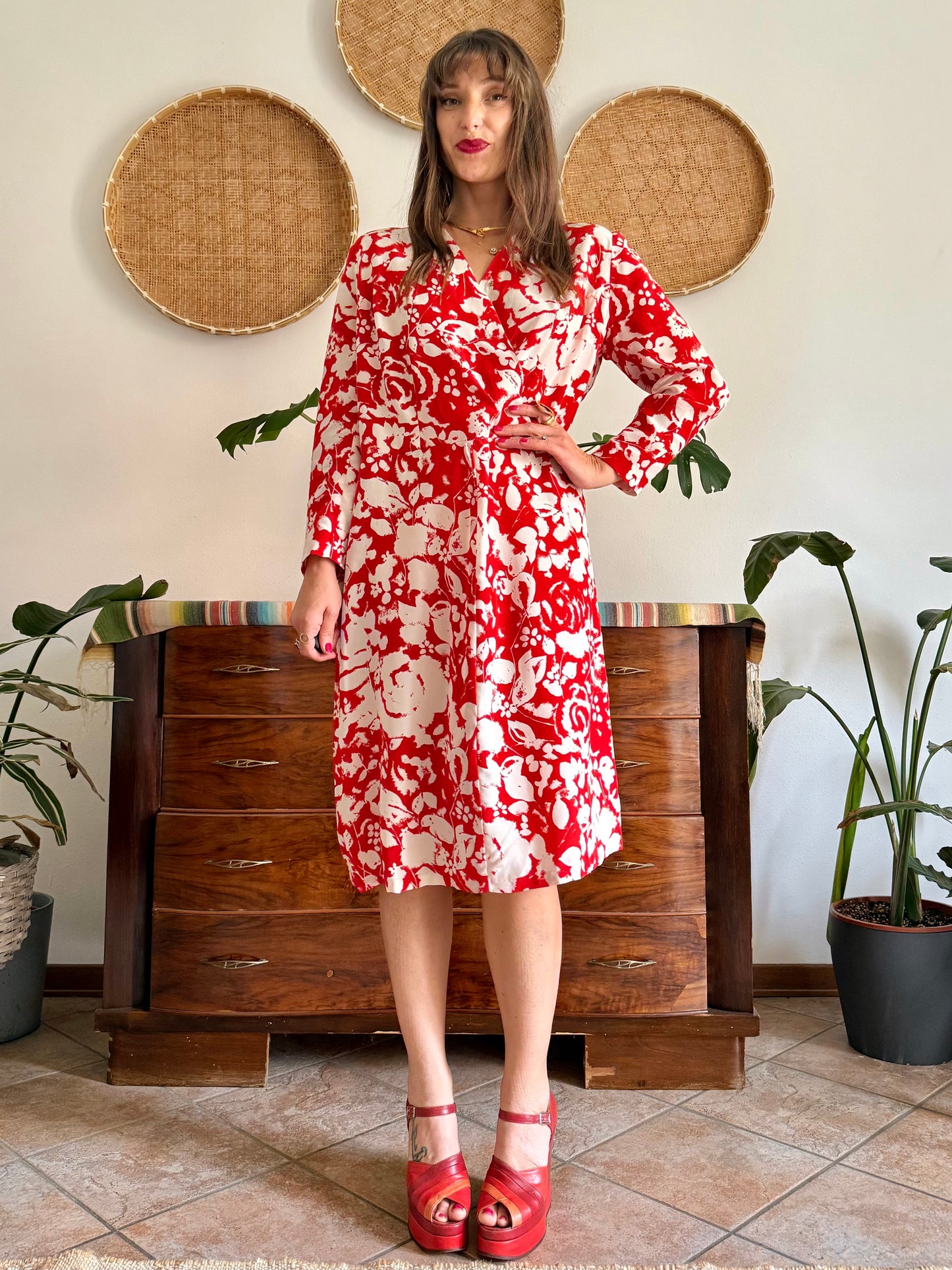 1960's vintage red and cream floral print silk midi dress