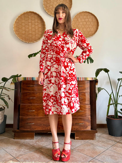 1960's vintage red and cream floral print silk midi dress