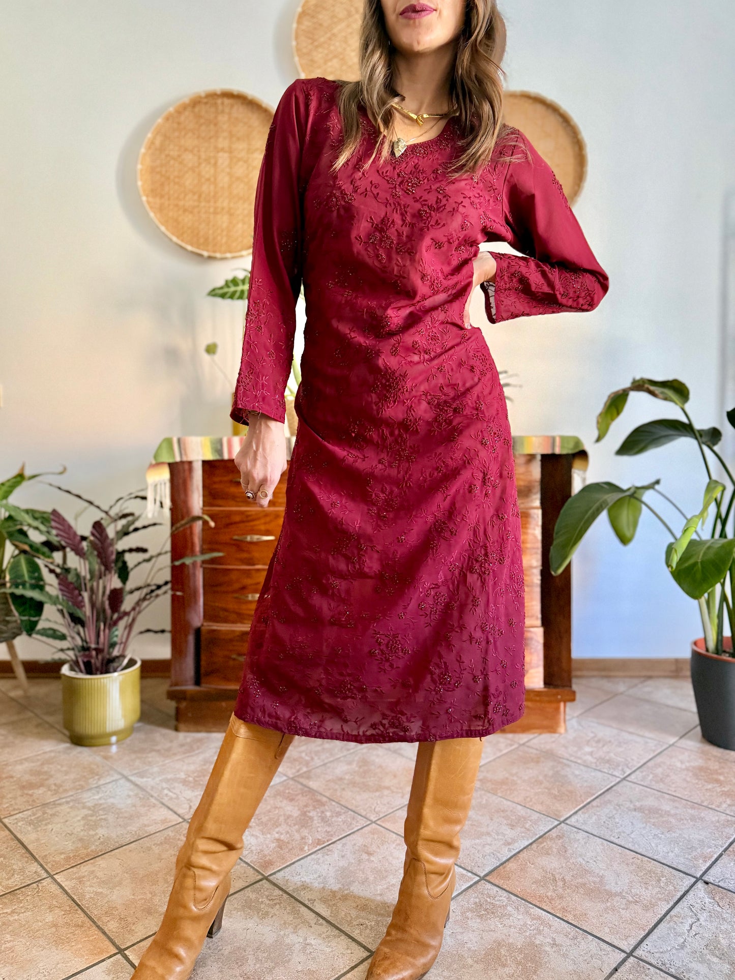 1970's vintage semi sheer burgundy midi dress with floral embroidery and sequin detailing