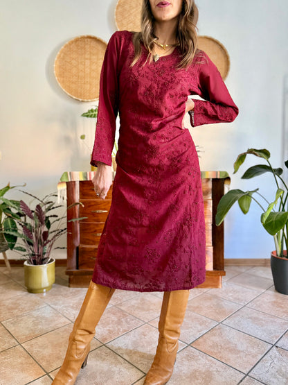 1970's vintage semi sheer burgundy midi dress with floral embroidery and sequin detailing