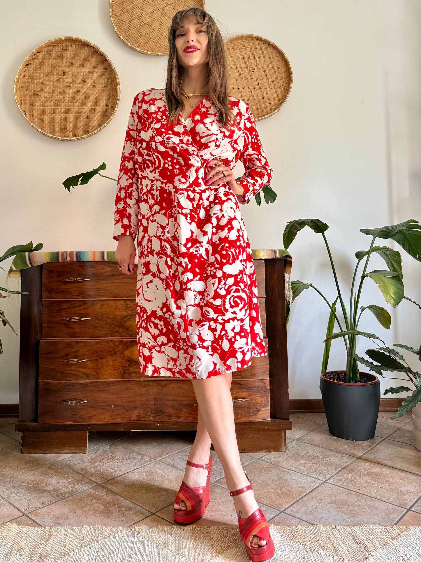 1960's vintage red and cream floral print silk midi dress