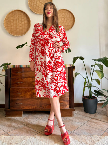 1960's vintage red and cream floral print silk midi dress