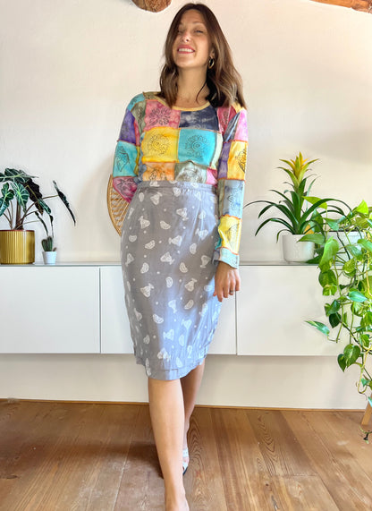 1970's vintage grey midi skirt with white indian print