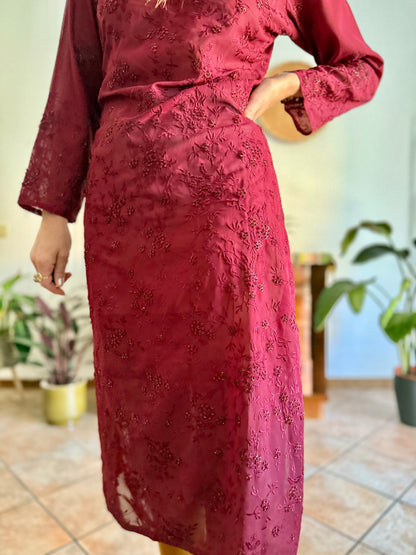 1970's vintage semi sheer burgundy midi dress with floral embroidery and sequin detailing