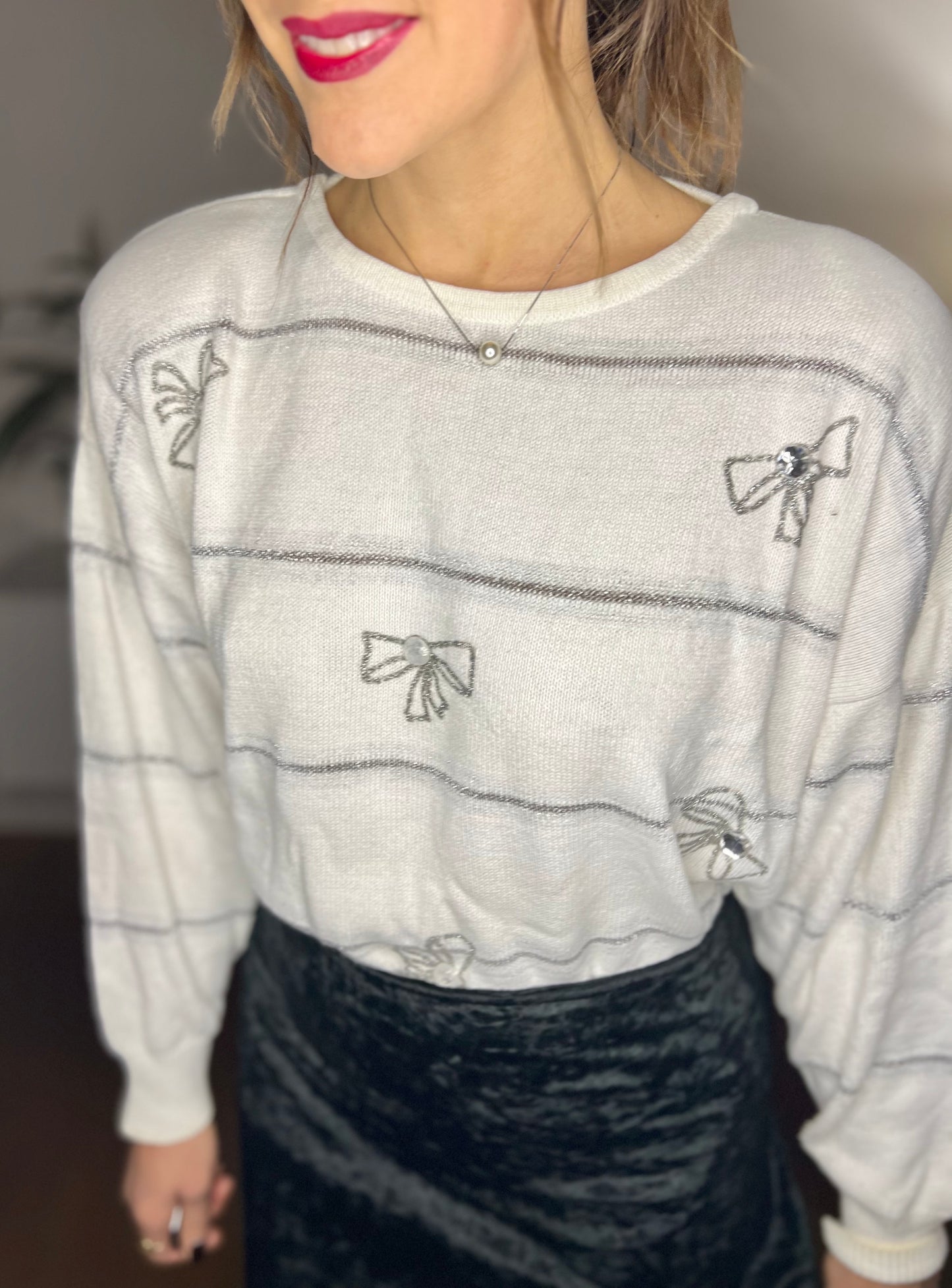 1980's vintage cream al silver knit pullover with rhinestone bow details
