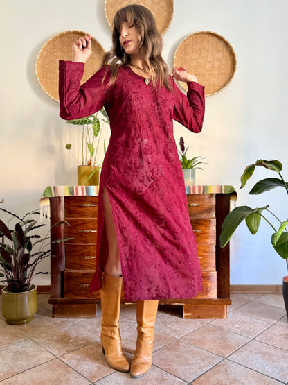 1970's vintage semi sheer burgundy midi dress with floral embroidery and sequin detailing