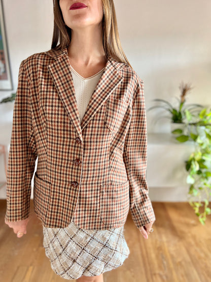 1970's vintage burgundy and brown houndstooth blazer