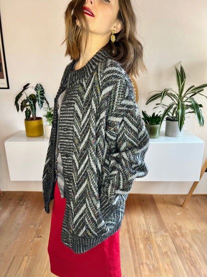 1970's vintage grey and black chevron cardigan with rainbow specks