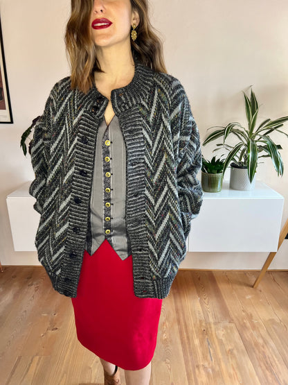 1970's vintage grey and black chevron cardigan with rainbow specks