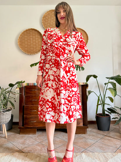 1960's vintage red and cream floral print silk midi dress