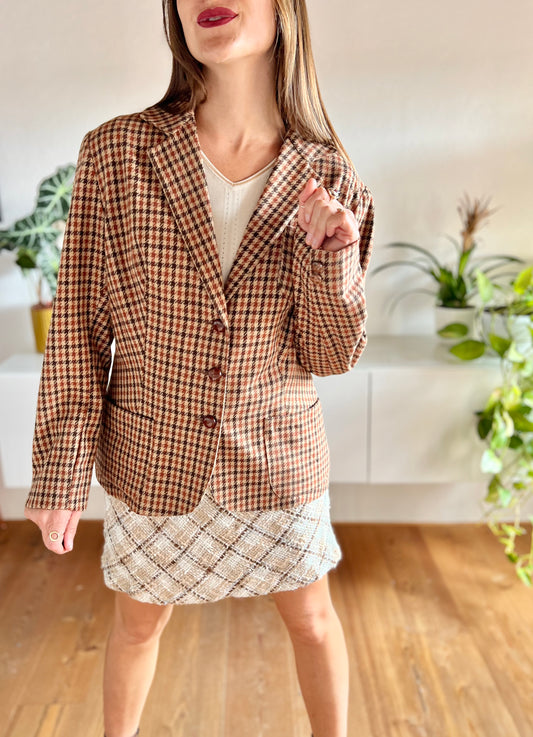 1970's vintage burgundy and brown houndstooth blazer