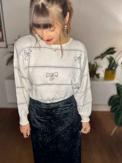 1980's vintage cream al silver knit pullover with rhinestone bow details