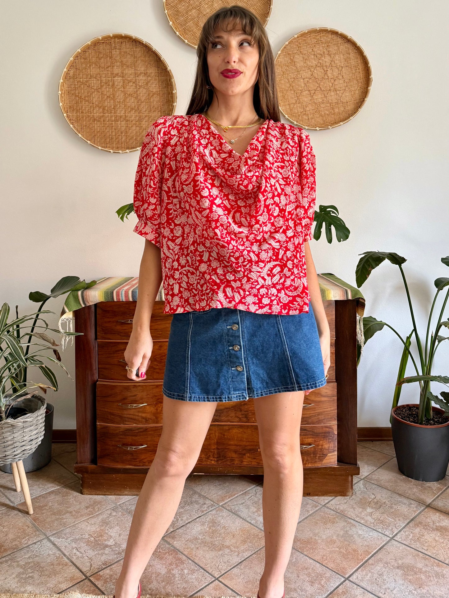 1970's vintage red and cream floral print silk cowl neck blouse