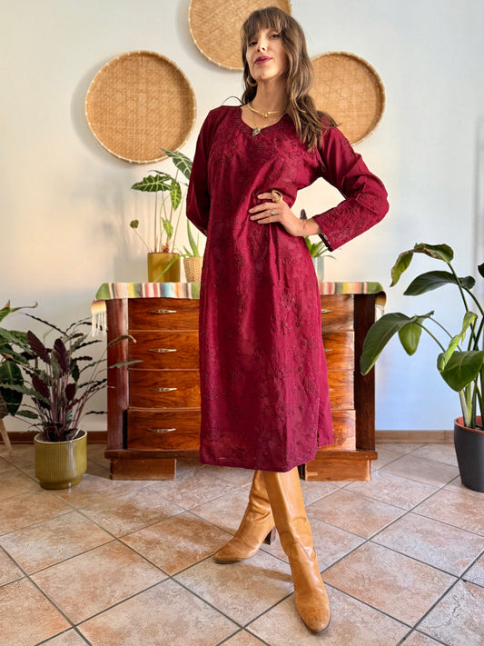 1970's vintage semi sheer burgundy midi dress with floral embroidery and sequin detailing