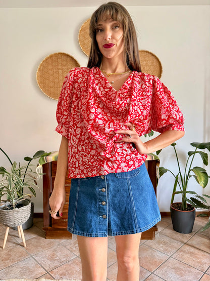 1970's vintage red and cream floral print silk cowl neck blouse