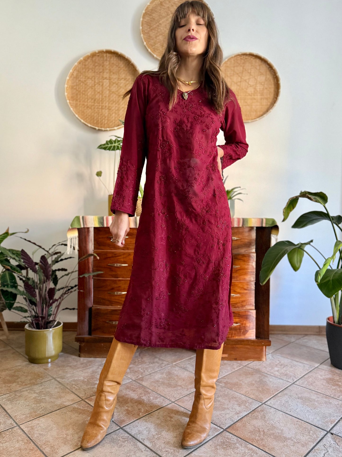 1970's vintage semi sheer burgundy midi dress with floral embroidery and sequin detailing