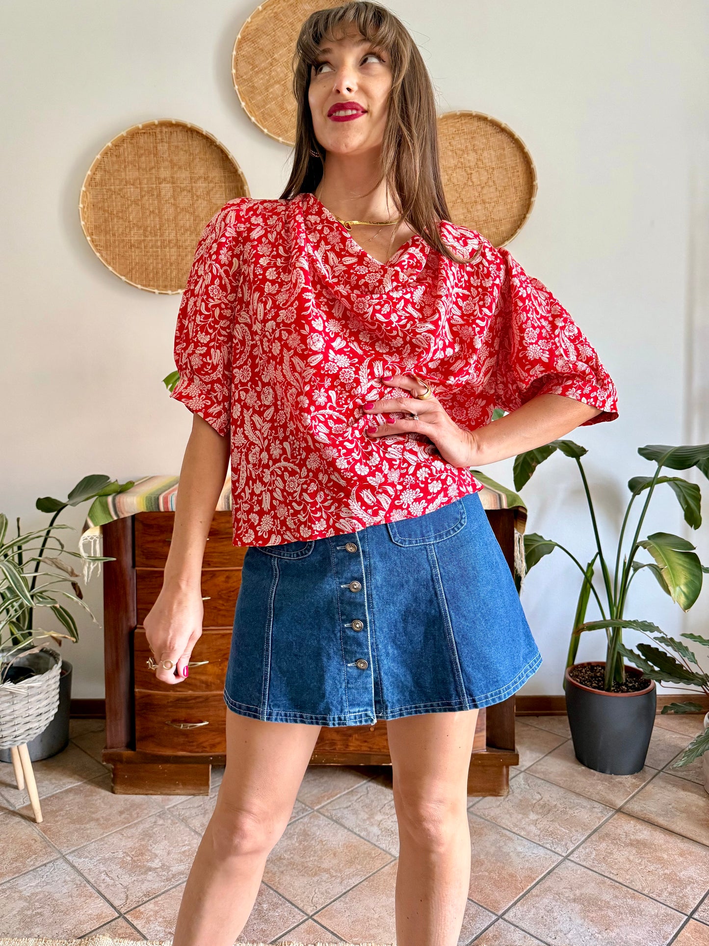1970's vintage red and cream floral print silk cowl neck blouse