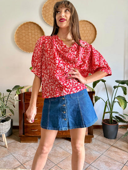 1970's vintage red and cream floral print silk cowl neck blouse