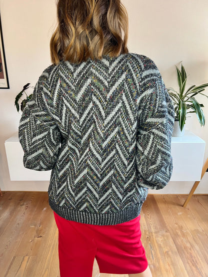 1970's vintage grey and black chevron cardigan with rainbow specks