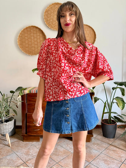 1970's vintage red and cream floral print silk cowl neck blouse