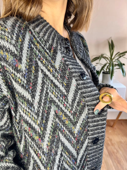 1970's vintage grey and black chevron cardigan with rainbow specks