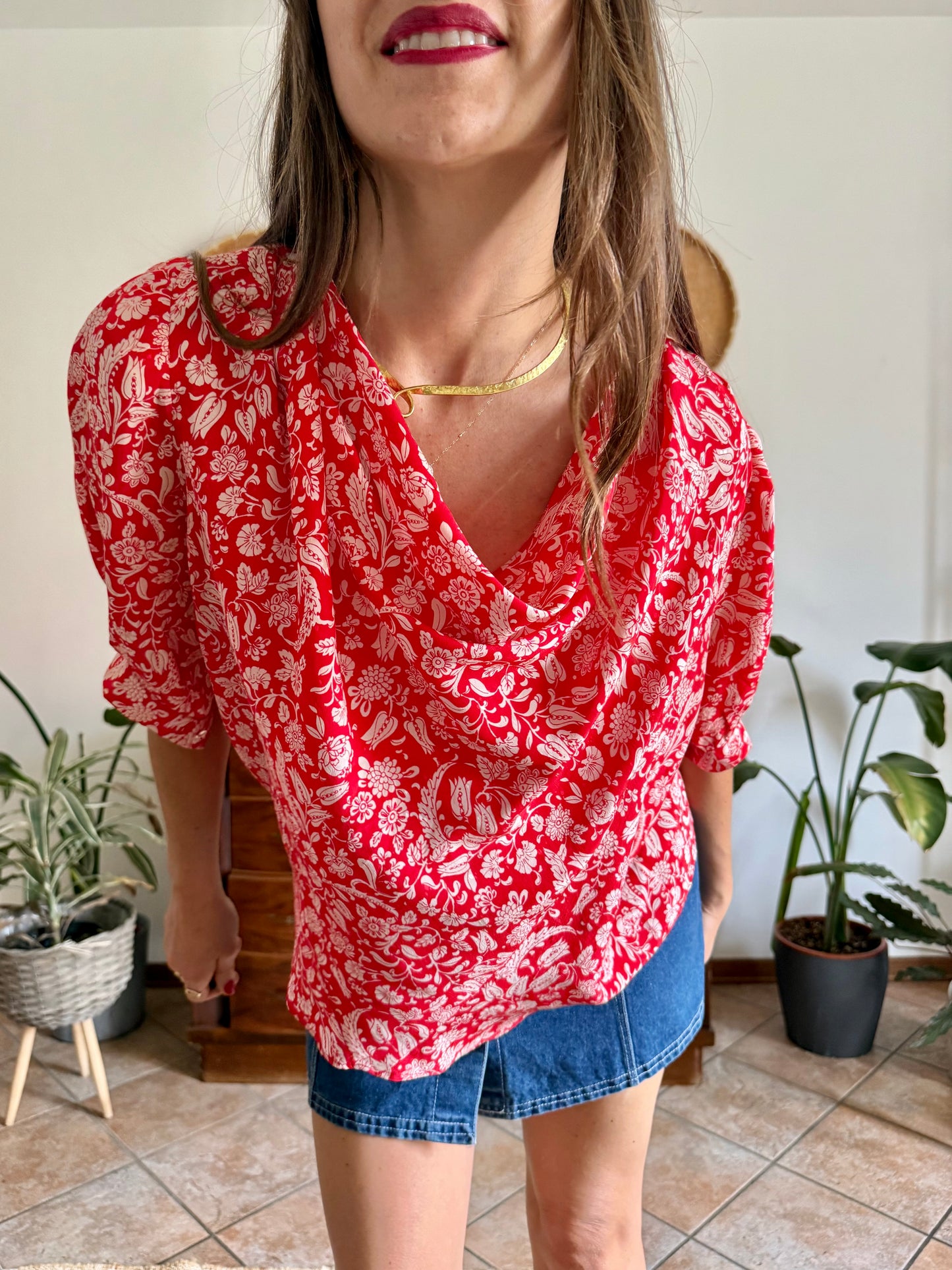 1970's vintage red and cream floral print silk cowl neck blouse