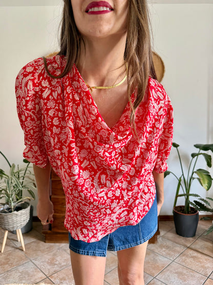 1970's vintage red and cream floral print silk cowl neck blouse