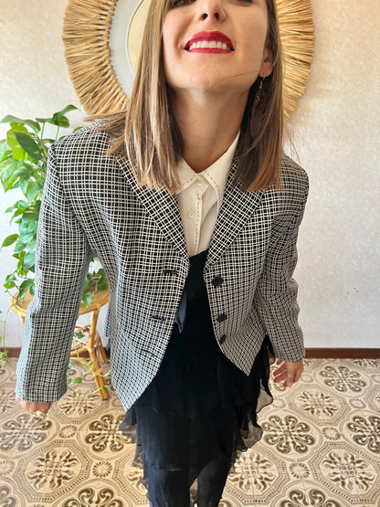 1980's vintage black and white square geometric print blazer