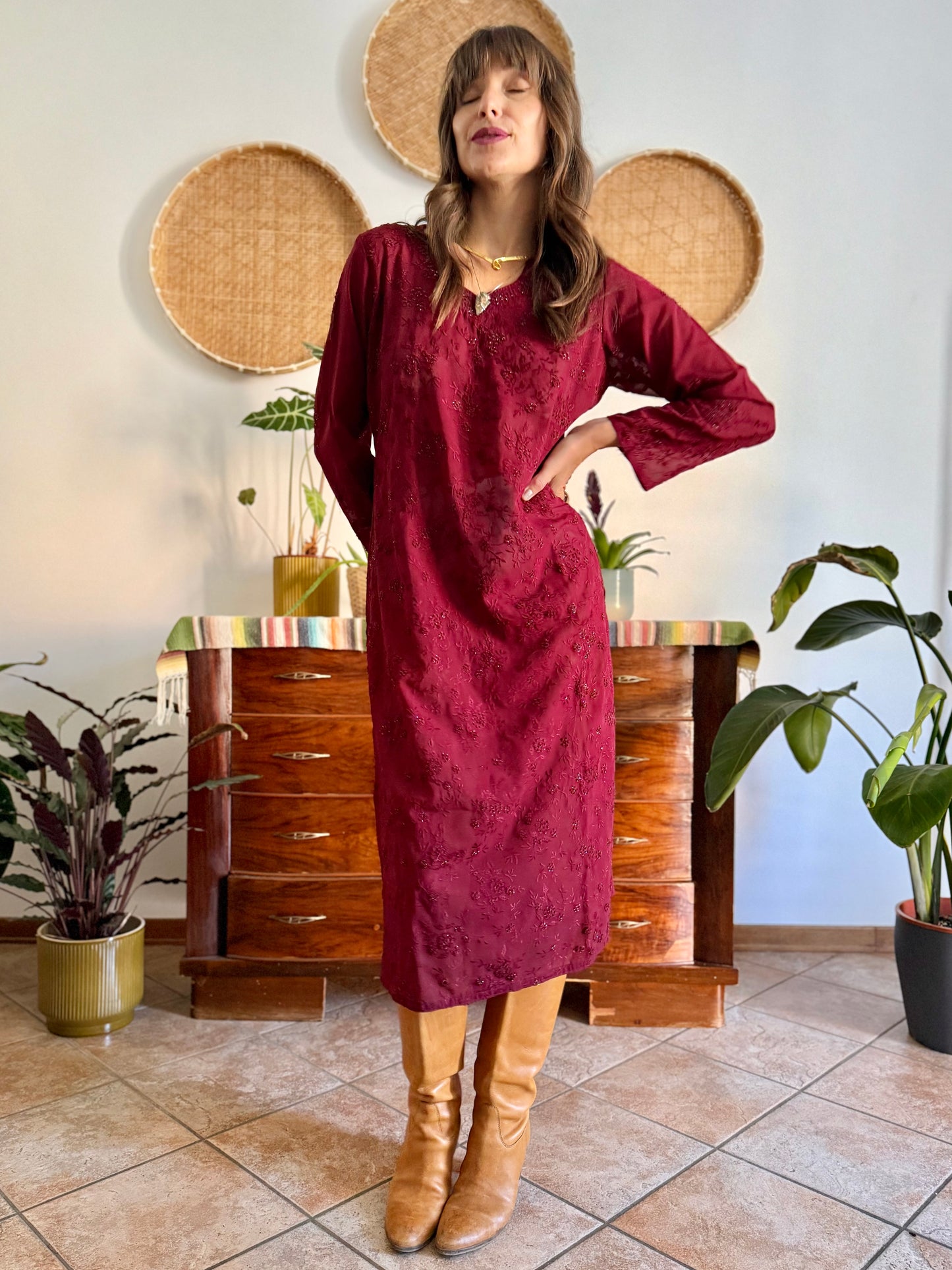 1970's vintage semi sheer burgundy midi dress with floral embroidery and sequin detailing