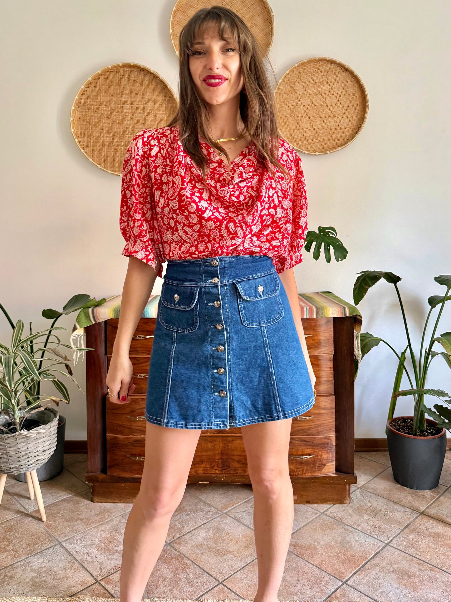 1970's vintage red and cream floral print silk cowl neck blouse