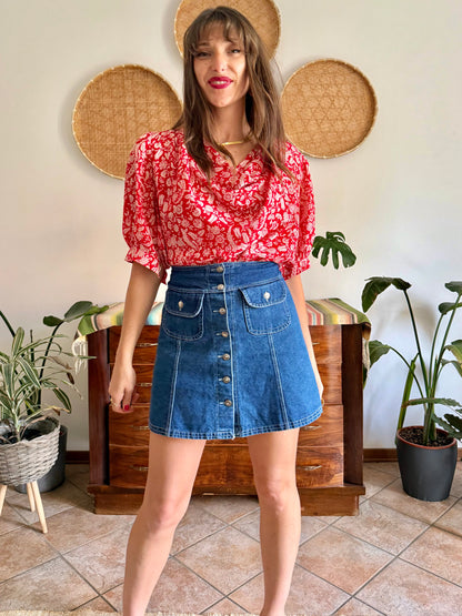 1970's vintage red and cream floral print silk cowl neck blouse