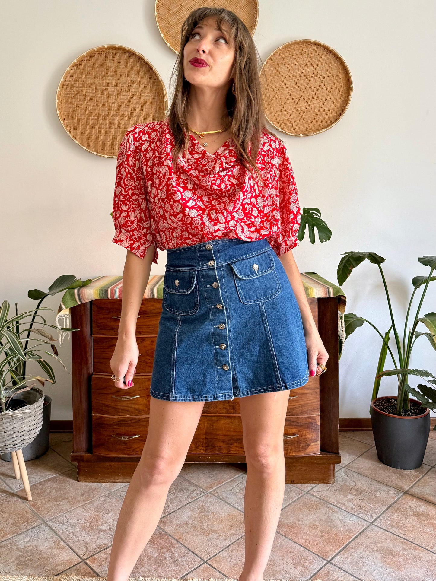 1970's vintage red and cream floral print silk cowl neck blouse