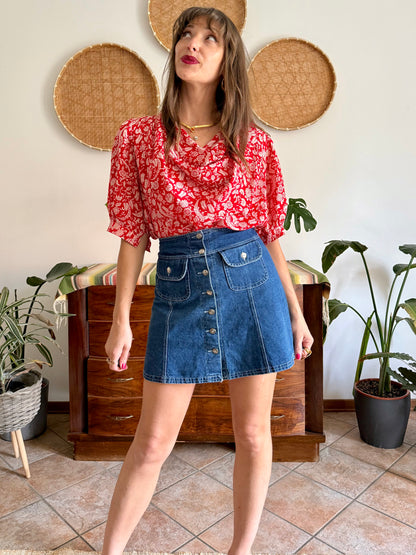 1970's vintage red and cream floral print silk cowl neck blouse
