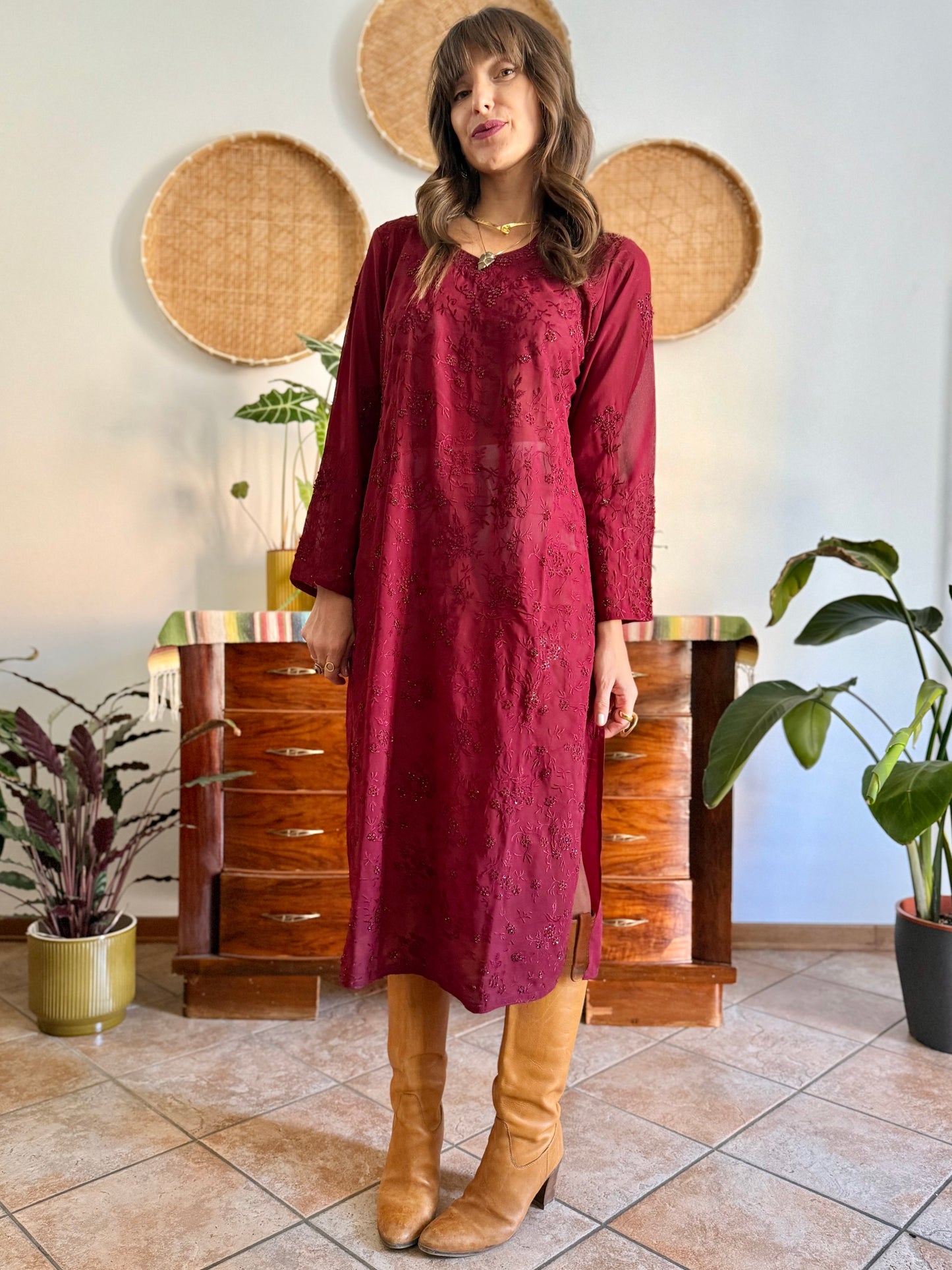 1970's vintage semi sheer burgundy midi dress with floral embroidery and sequin detailing