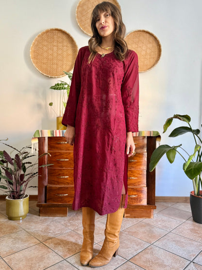 1970's vintage semi sheer burgundy midi dress with floral embroidery and sequin detailing