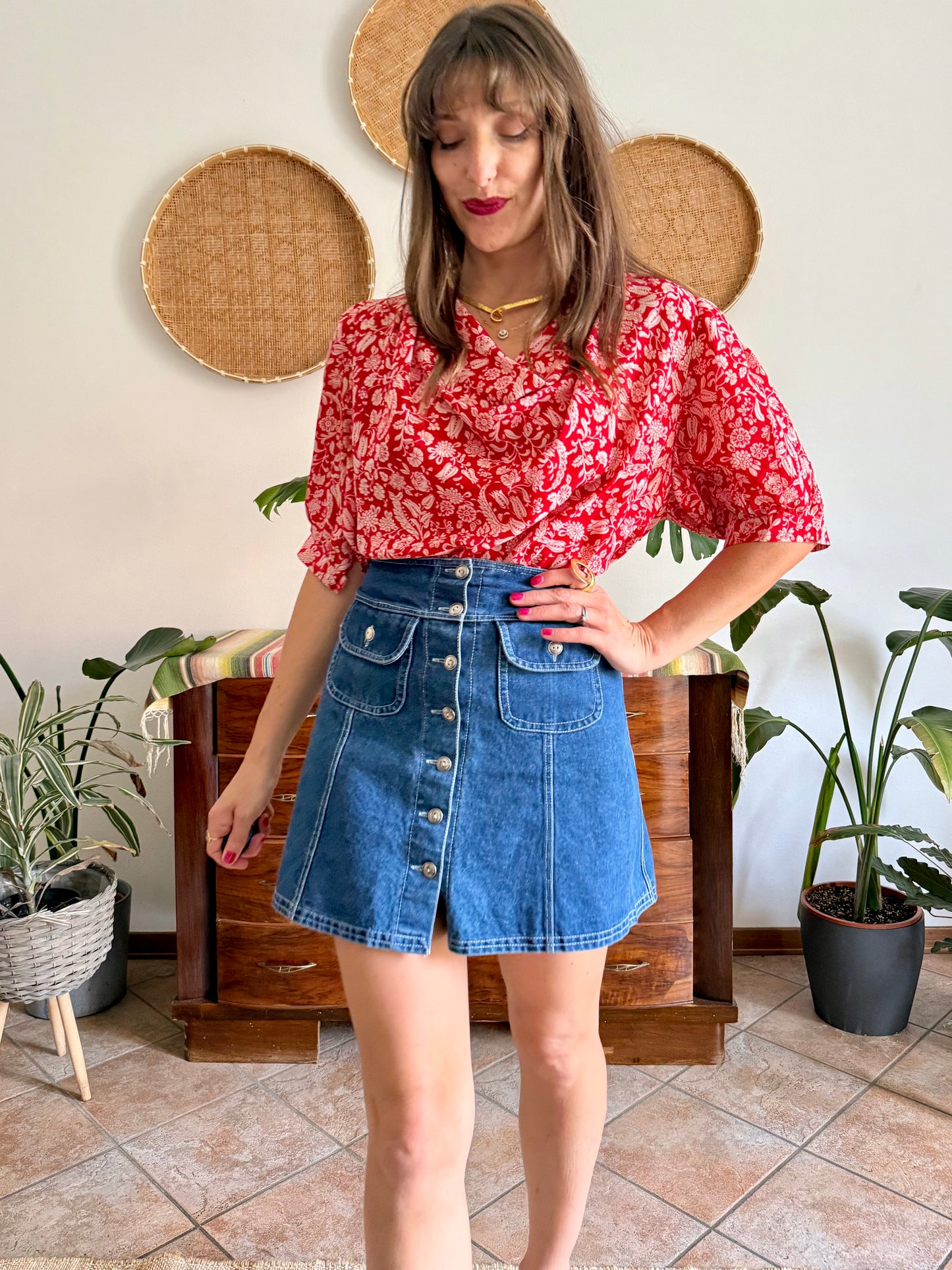 1970's vintage red and cream floral print silk cowl neck blouse