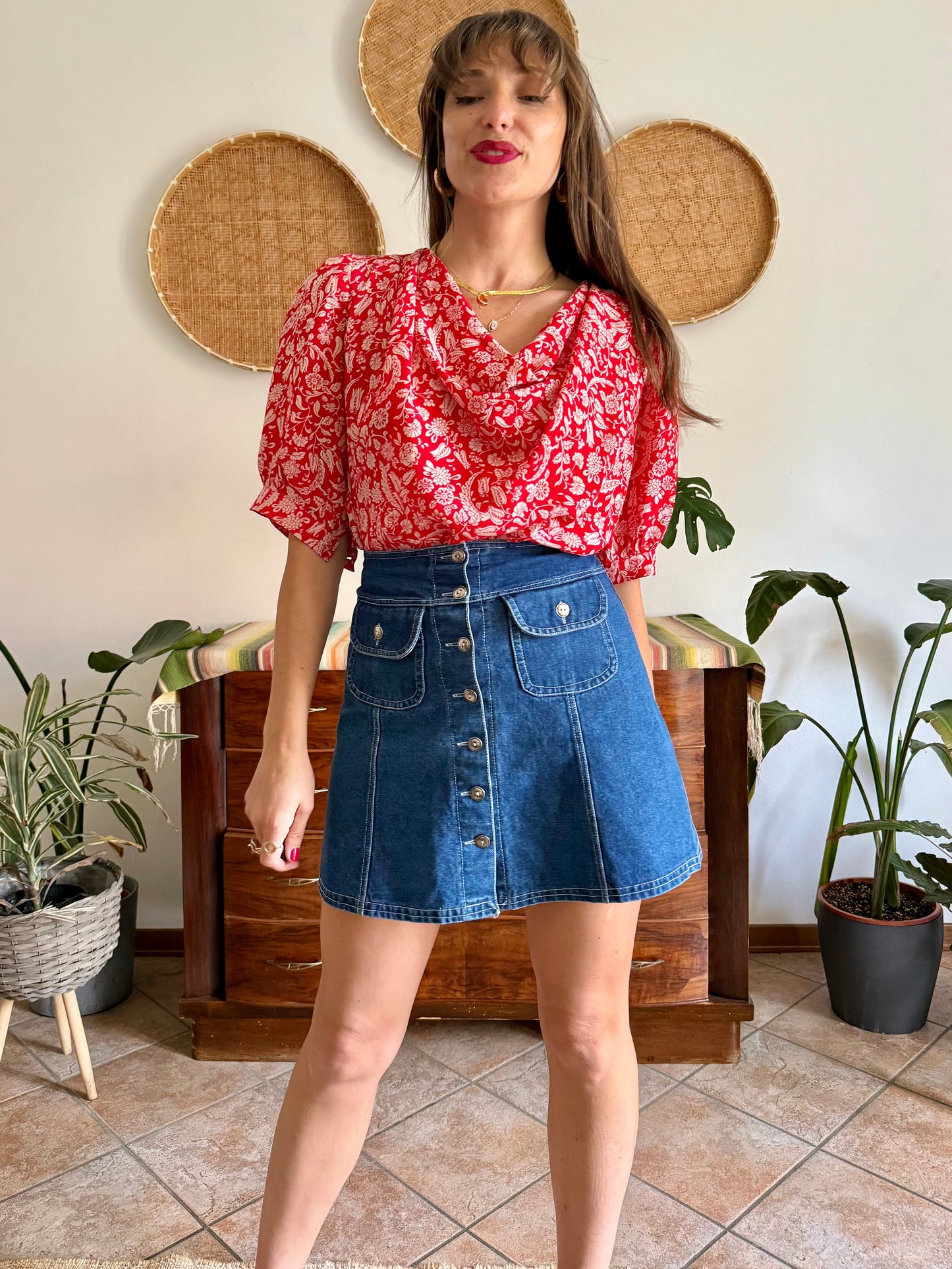 1970's vintage red and cream floral print silk cowl neck blouse