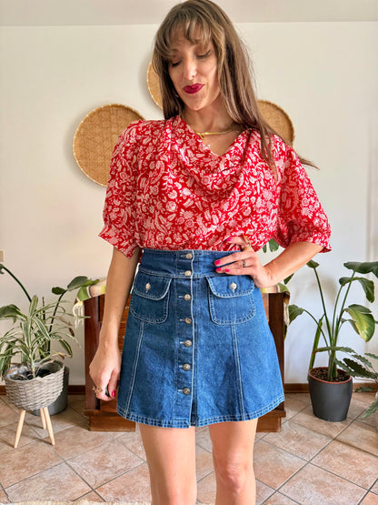 1970's vintage red and cream floral print silk cowl neck blouse