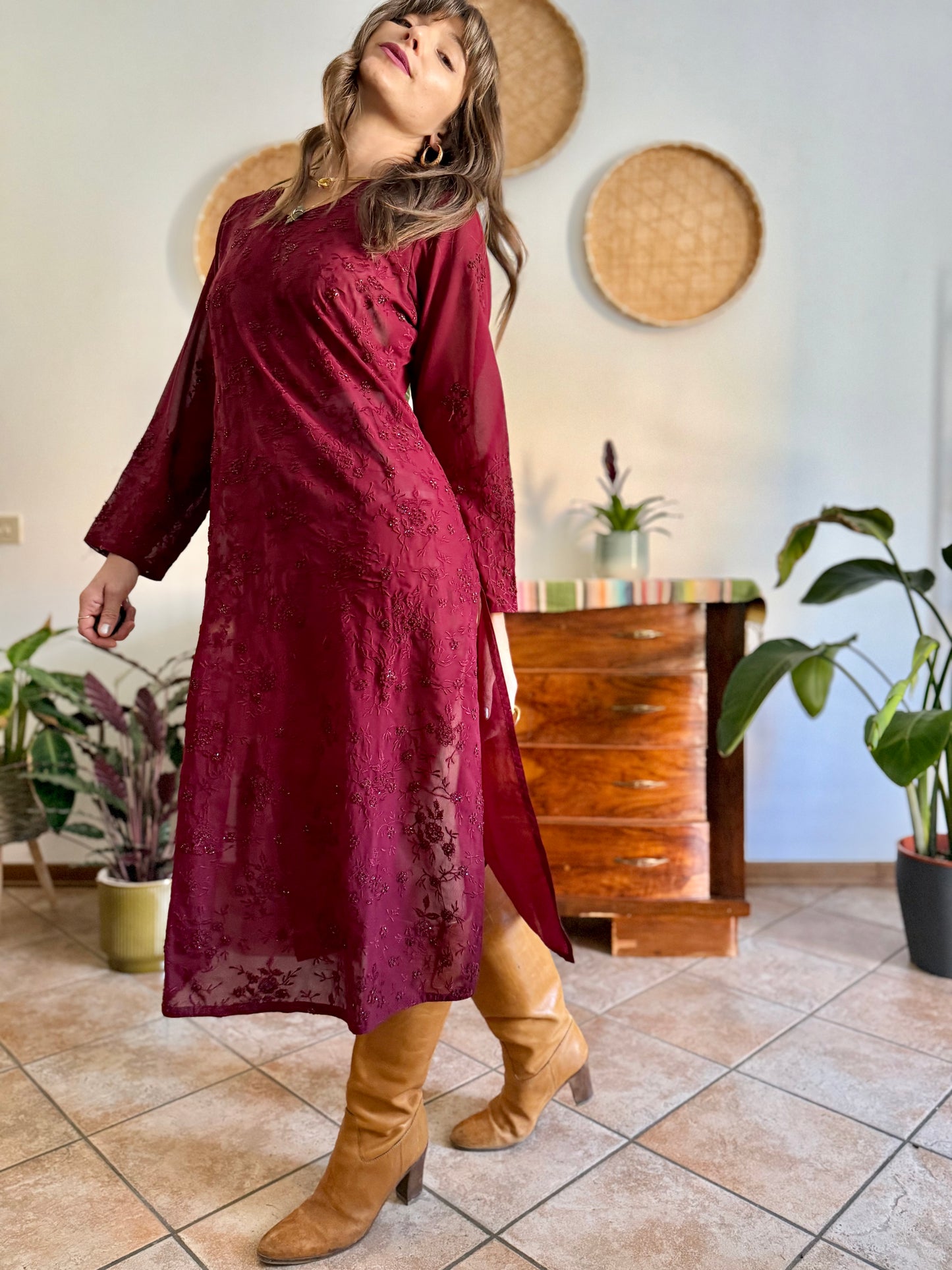 1970's vintage semi sheer burgundy midi dress with floral embroidery and sequin detailing