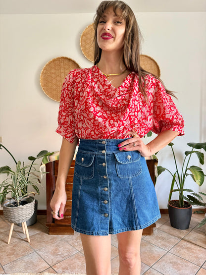 1970's vintage red and cream floral print silk cowl neck blouse