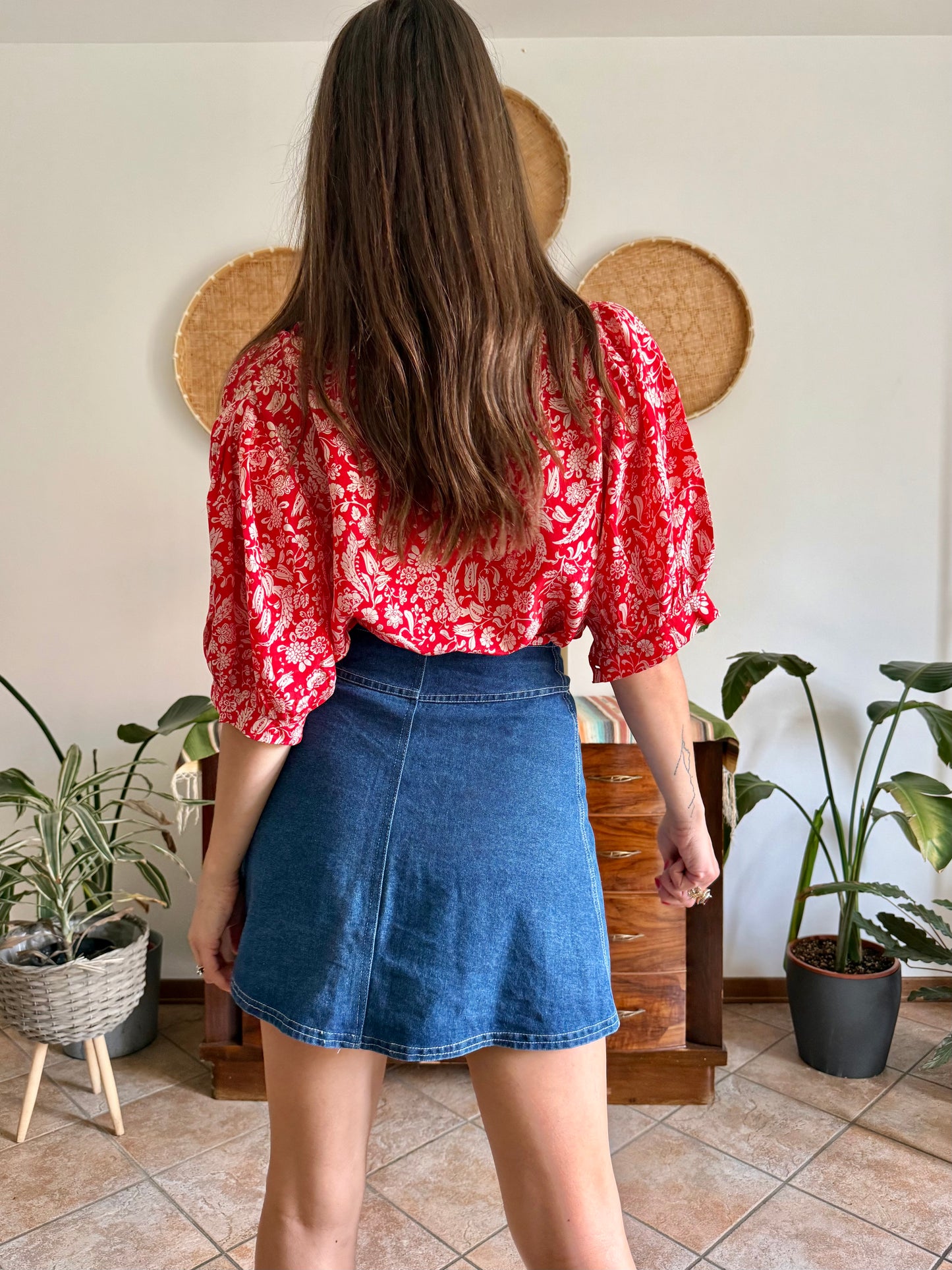 1970's vintage red and cream floral print silk cowl neck blouse