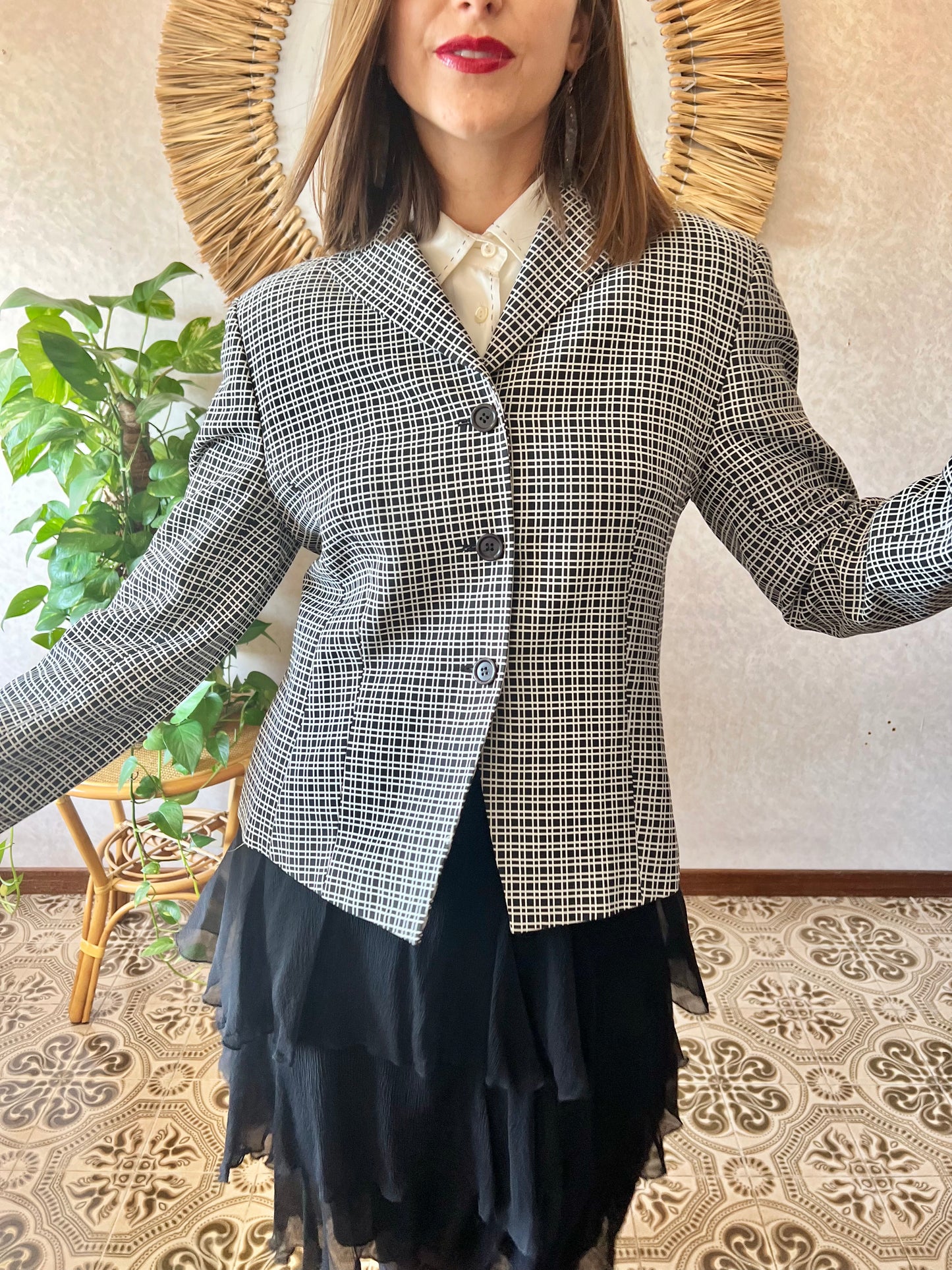 1980's vintage black and white square geometric print blazer